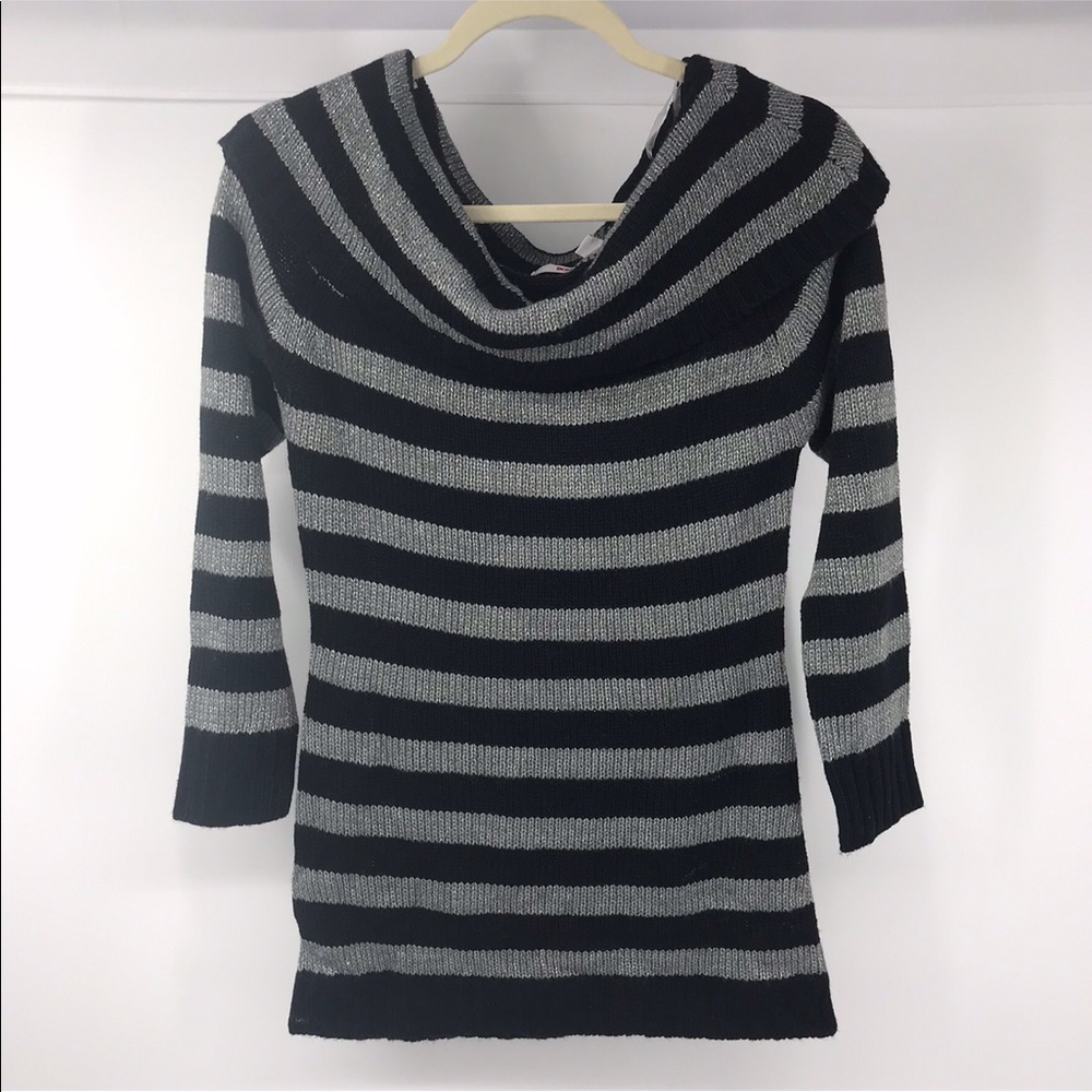 Black/Grey Striped Cowl-neck Tunic Sweater L